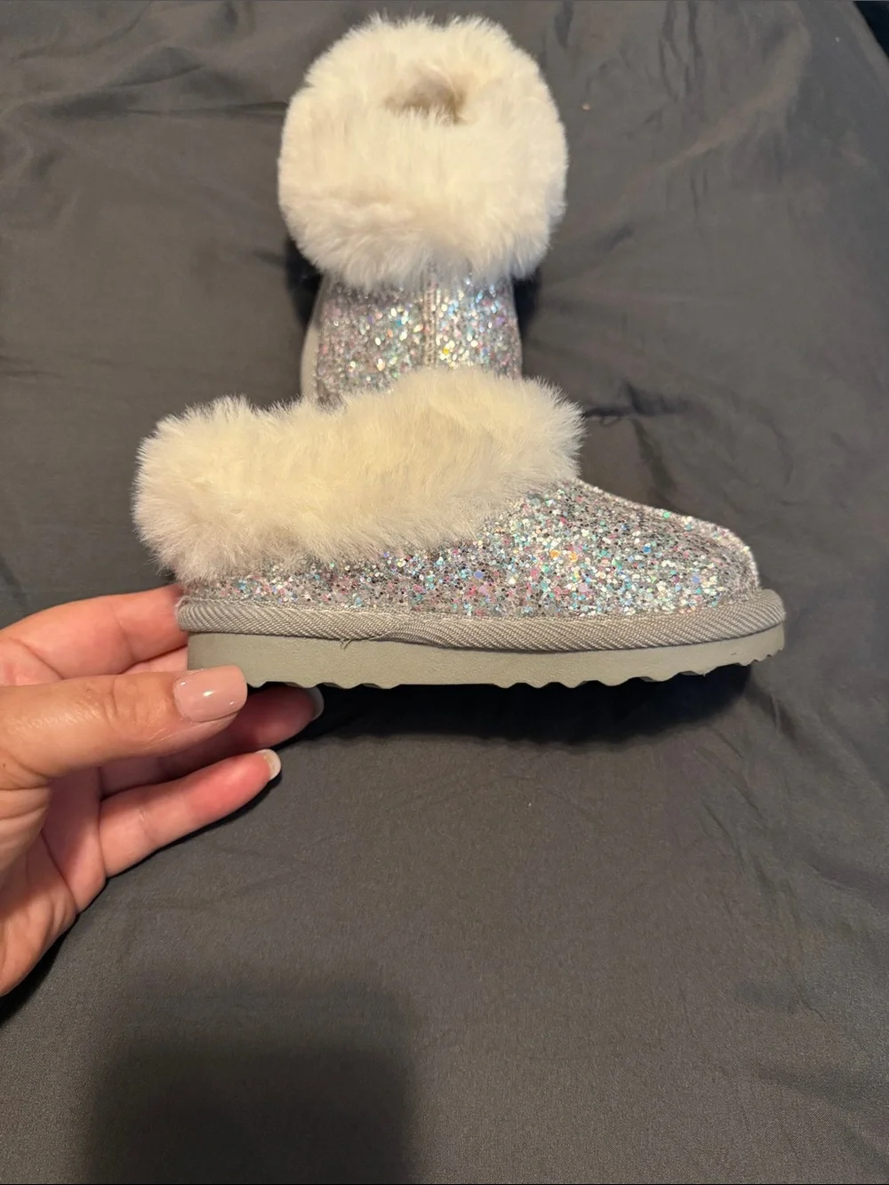 Kids Sparkle Faux-Fur Lined Mule Slippers - Silver/White